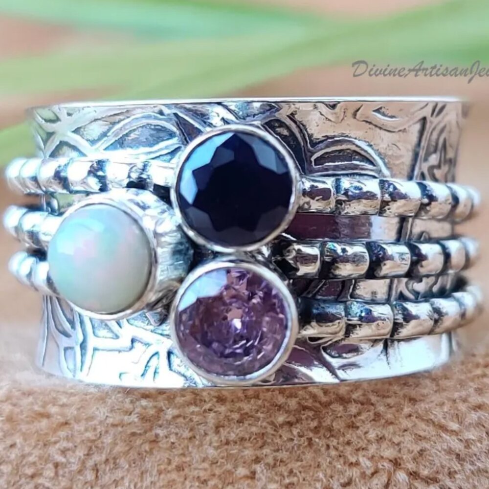Spinner Ring Natural Amethyst & Rose Quartz Opal Ring, 925 Sterling Silver Sz 7 - Picture 2 of 4